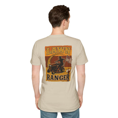 Funny Country Shirt — "Lawn Ranger" Riding Mower Tee in Sand
