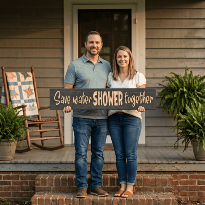 Couple holding a handcrafted Save Water Shower Together sign on a Kentucky porch.