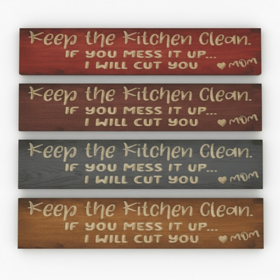 Four funny farmhouse decor signs stacked to show different wood stain options, including red, brown, gray, and golden oak.