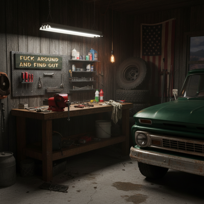 The "Fuck Around and Find Out" sign hanging on a pegboard in a rustic garage workshop next to a vintage truck.