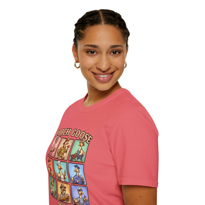 A close-up of a smiling woman's face and shoulder, wearing the coral Goose Shirt - Porch Goose Mom with nine cartoon geese