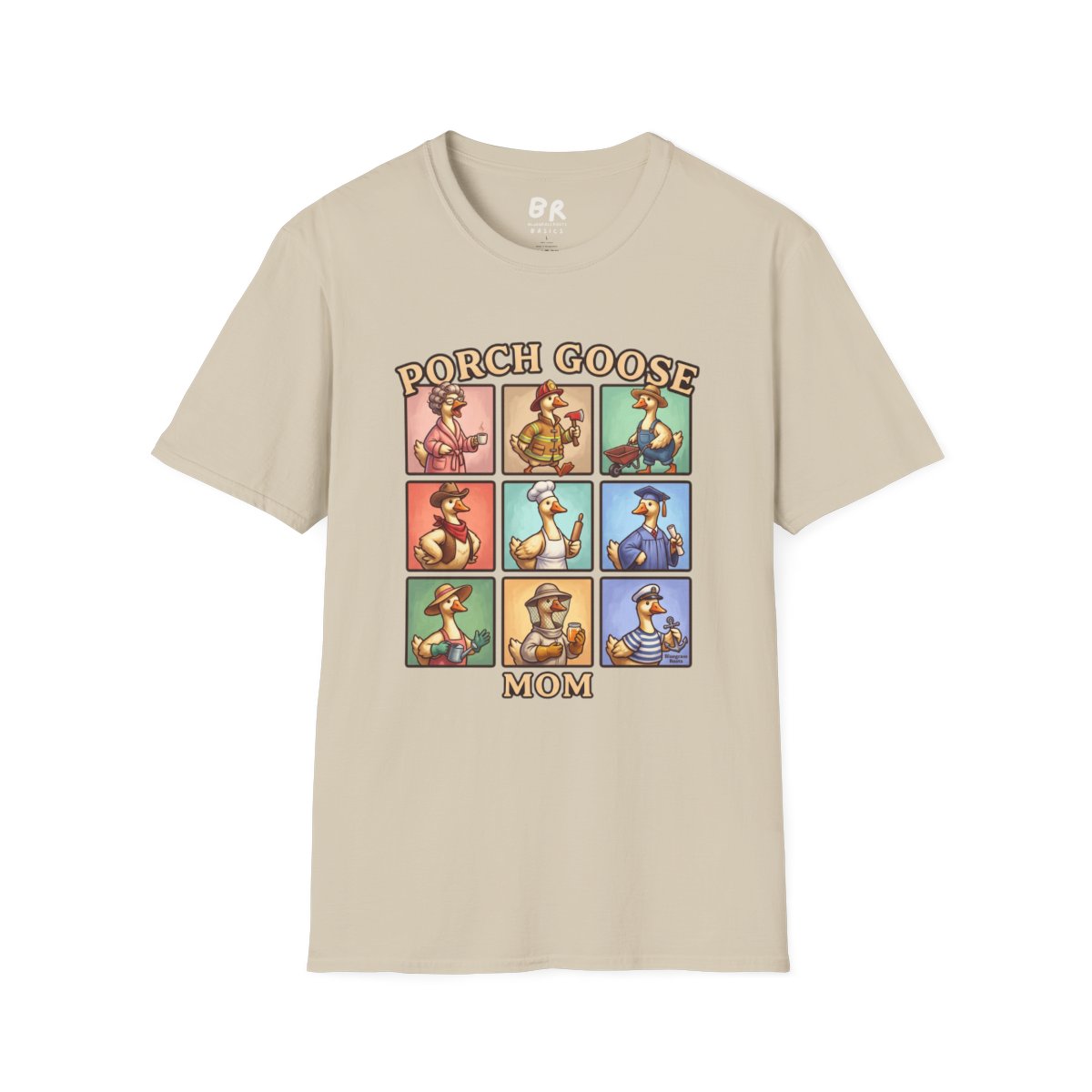 A beige t-shirt featuring the "Porch Goose Mom" nine-goose graphic is laid flat, a versatile Funny Goose Shirt - Porch Goose Mom