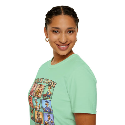 A close-up side profile of a woman smiling, wearing the light green Funny Goose Shirt - Porch Goose Mom, showing the graphic detail