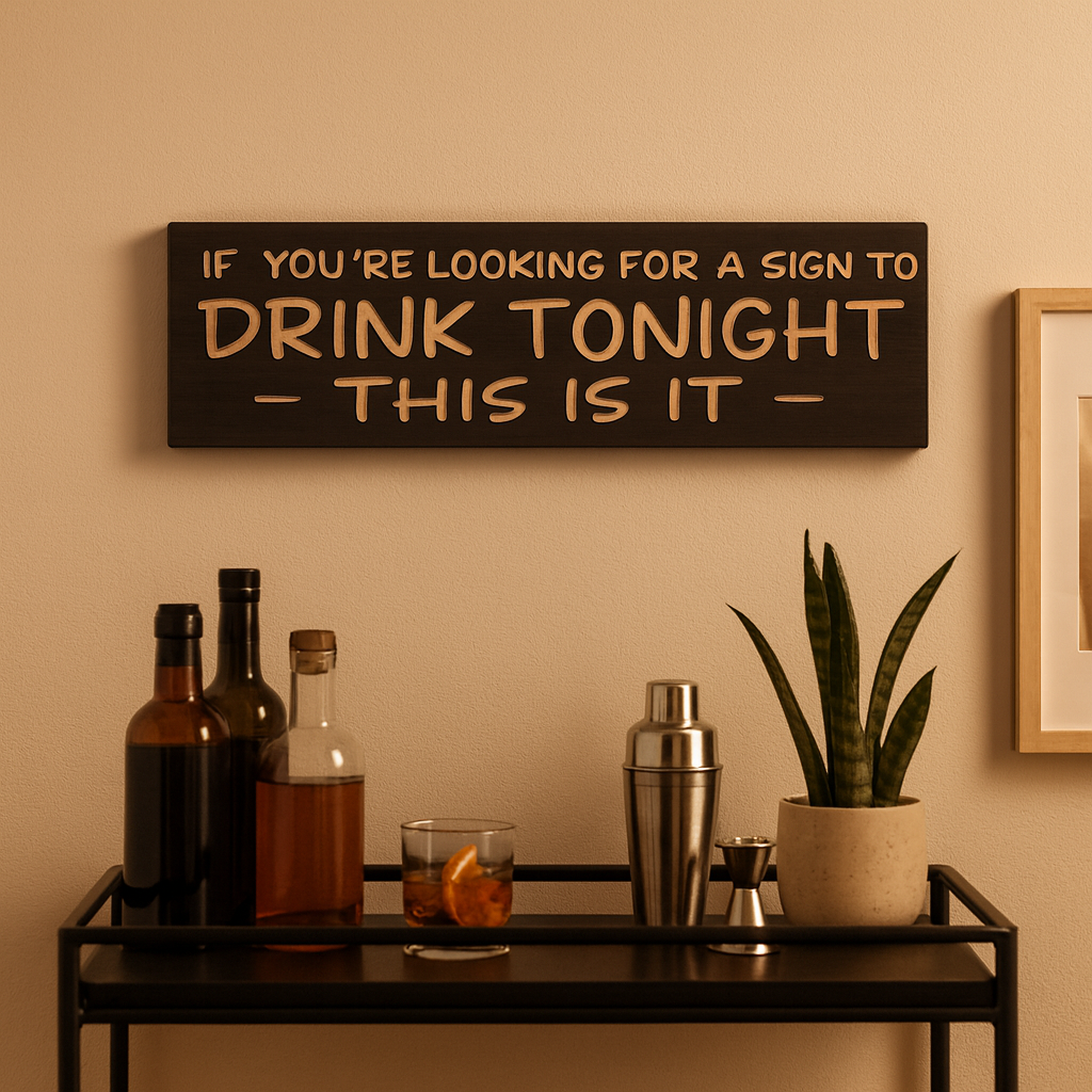 “Drink Tonight—This Is It” wood sign hanging above a bar cart with bottles, shaker, and plant—home bar wall décor.