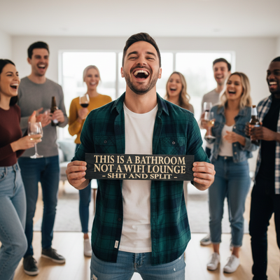 A man laughing while holding the Shit and Split funny bathroom sign in a living room setting surrounded by friends.