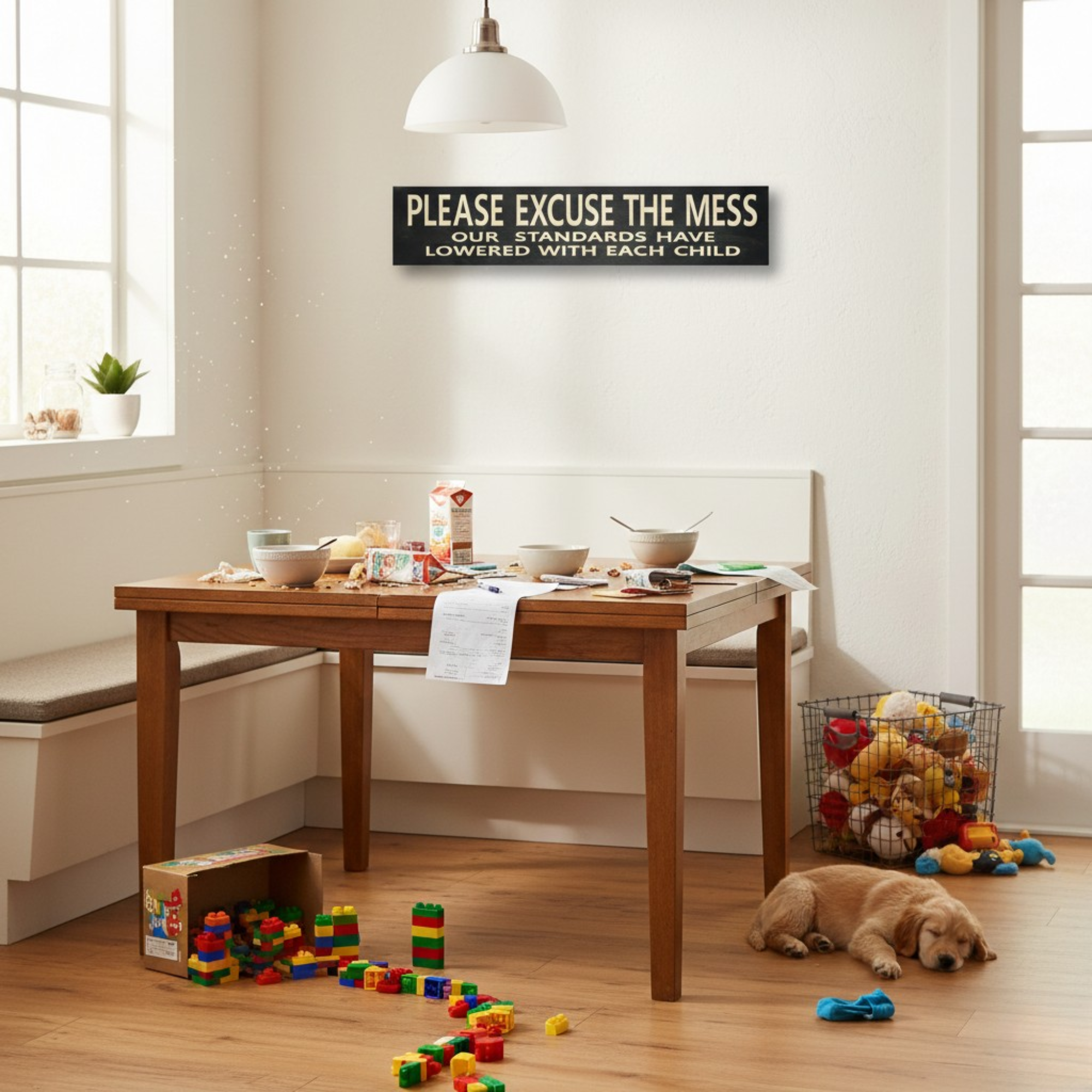 A messy breakfast nook with toys on the floor featuring a Bluegrass Gifts "Please Excuse the Mess" carved wood sign as a relatable home accent.