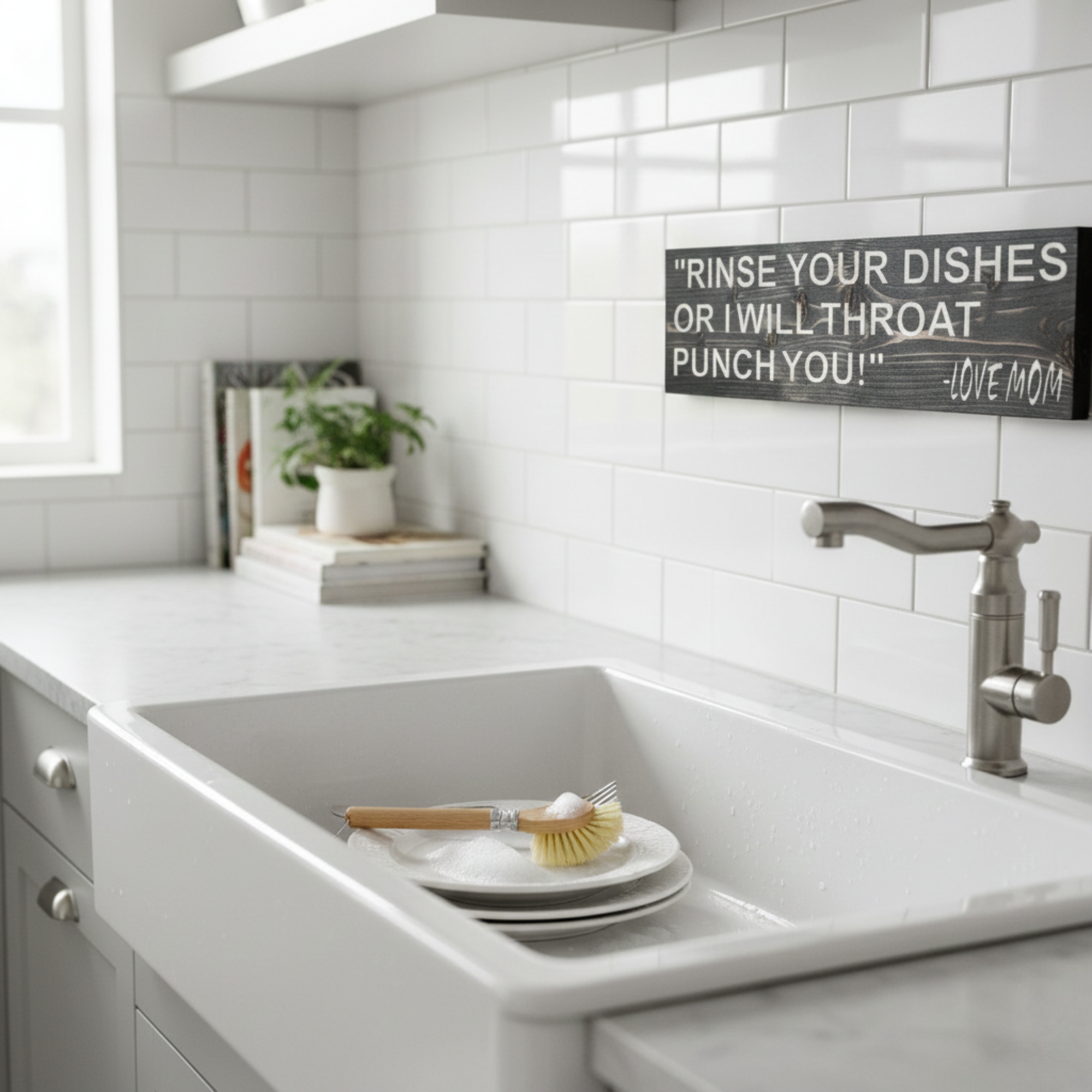 The "Rinse Your Dishes Or I Will Throat Punch You!" wood sign displayed above a kitchen sink in a modern farmhouse home.