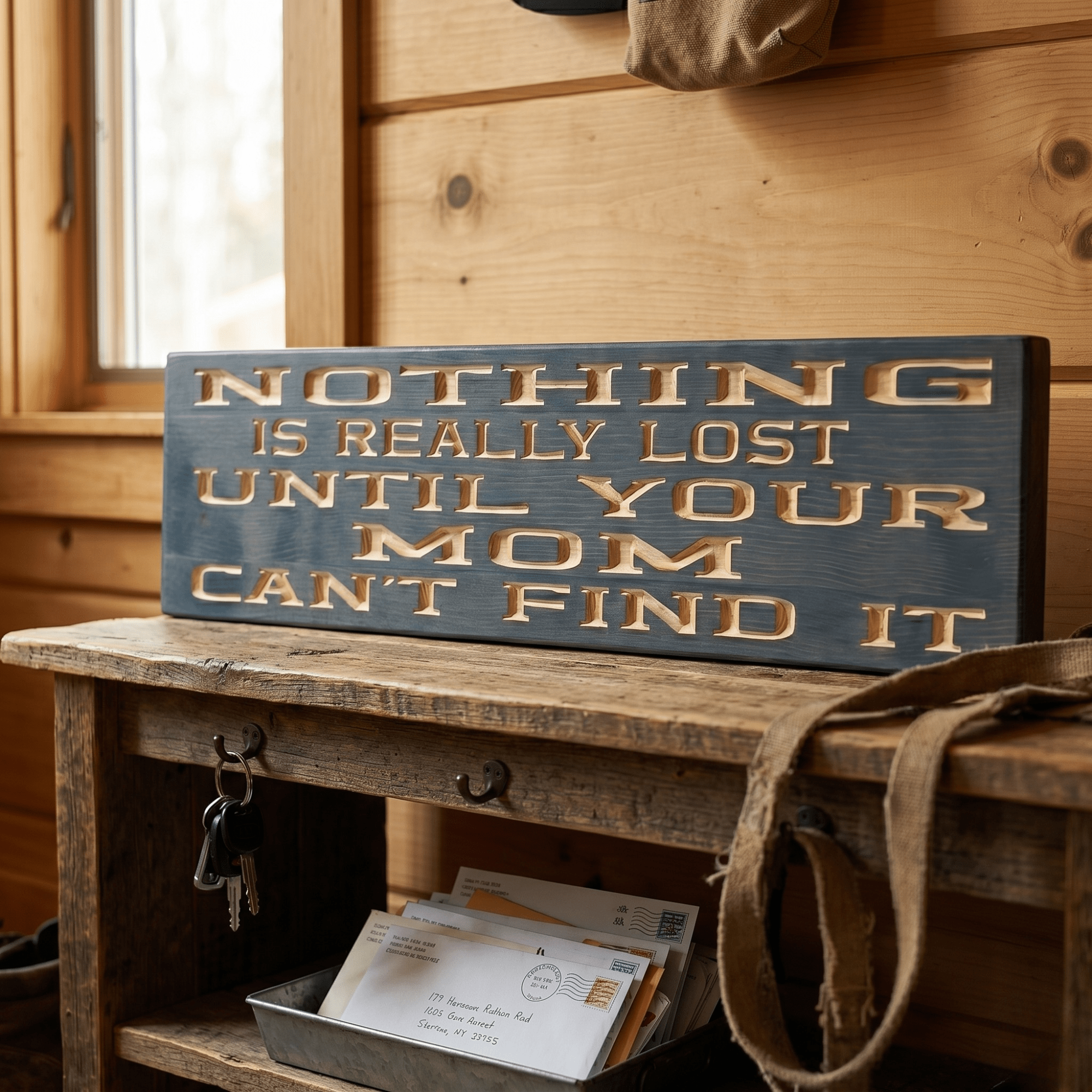 Funny mom wood sign displayed on a rustic entryway bench beside keys and mail in a warm cabin hallway — mom humor wall decor for the home.