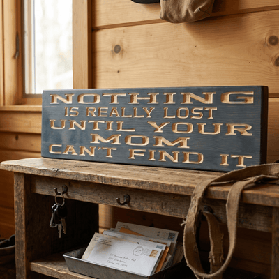 Funny mom wood sign displayed on a rustic entryway bench beside keys and mail in a warm cabin hallway — mom humor wall decor for the home.