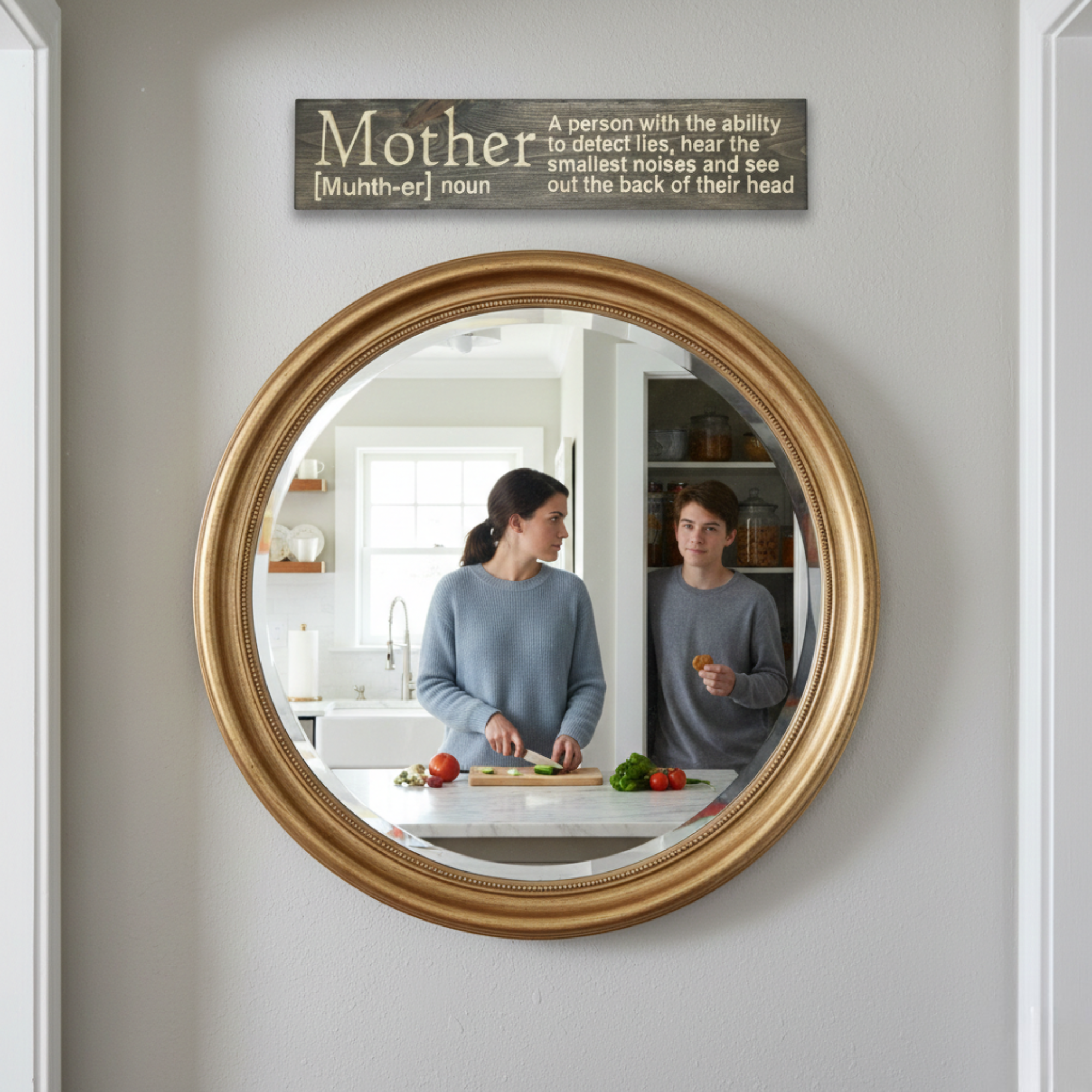 Hand-carved Mother definition wood sign displayed above a mirror in a modern farmhouse kitchen, highlighting the 24-inch best-seller size.