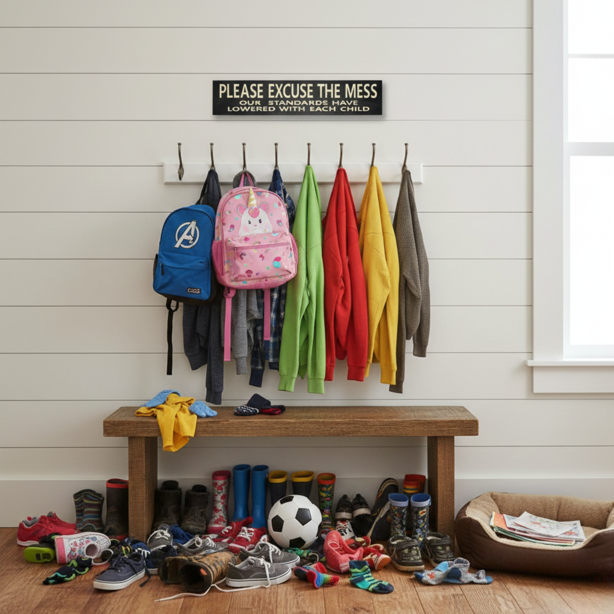 "Please Excuse the Mess" carved wood sign displayed in a chaotic family mudroom above a coat rack filled with children's backpacks and jackets.