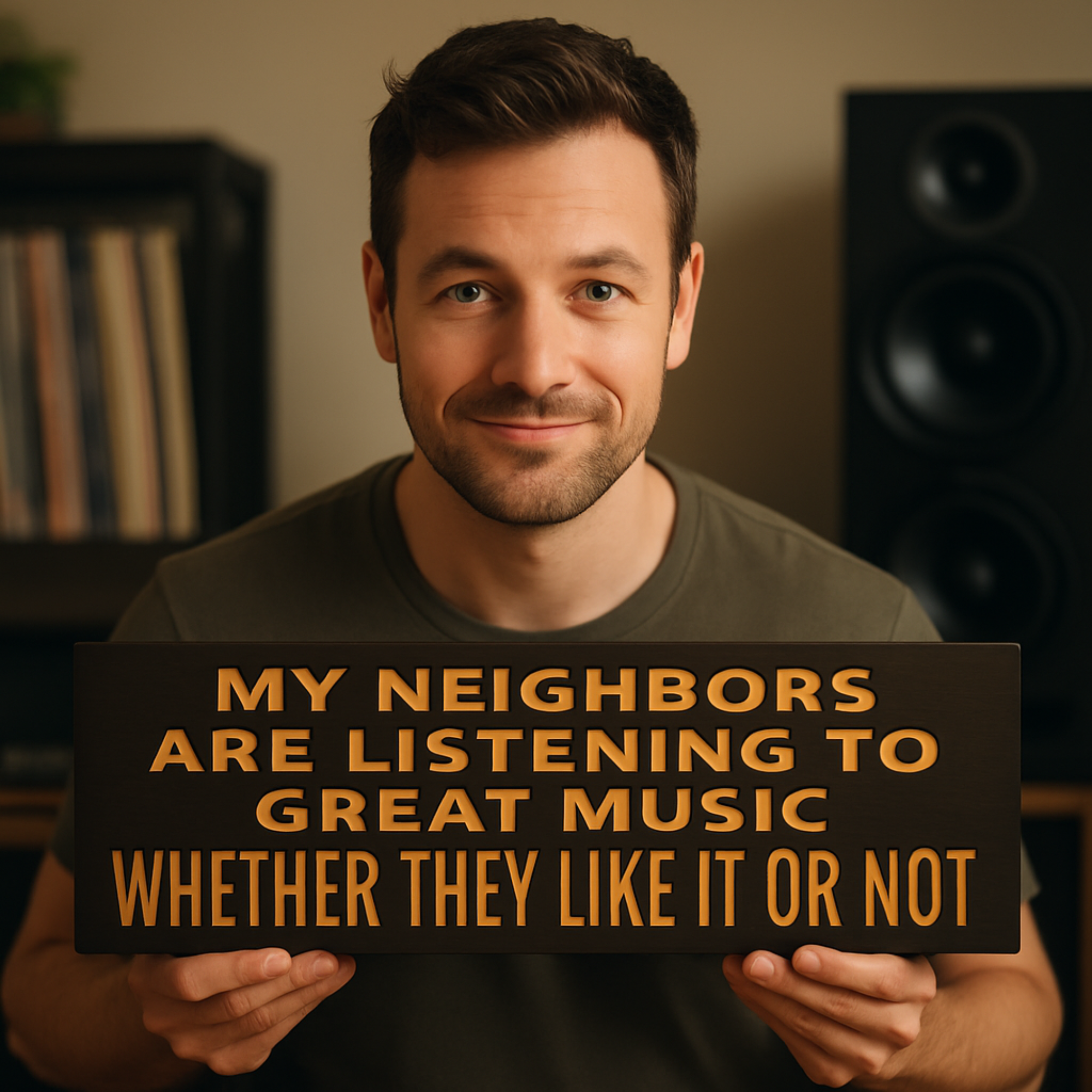 Man holding wooden music wall sign with the quote “My Neighbors Are Listening to Great Music Whether They Like It or Not,” a fun gift for musicians.