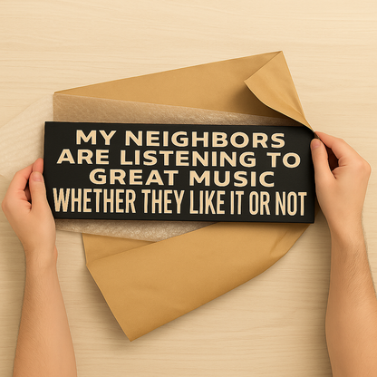 Funny music wall sign with the phrase “My Neighbors Are Listening to Great Music Whether They Like It or Not” being unwrapped from gift packaging.