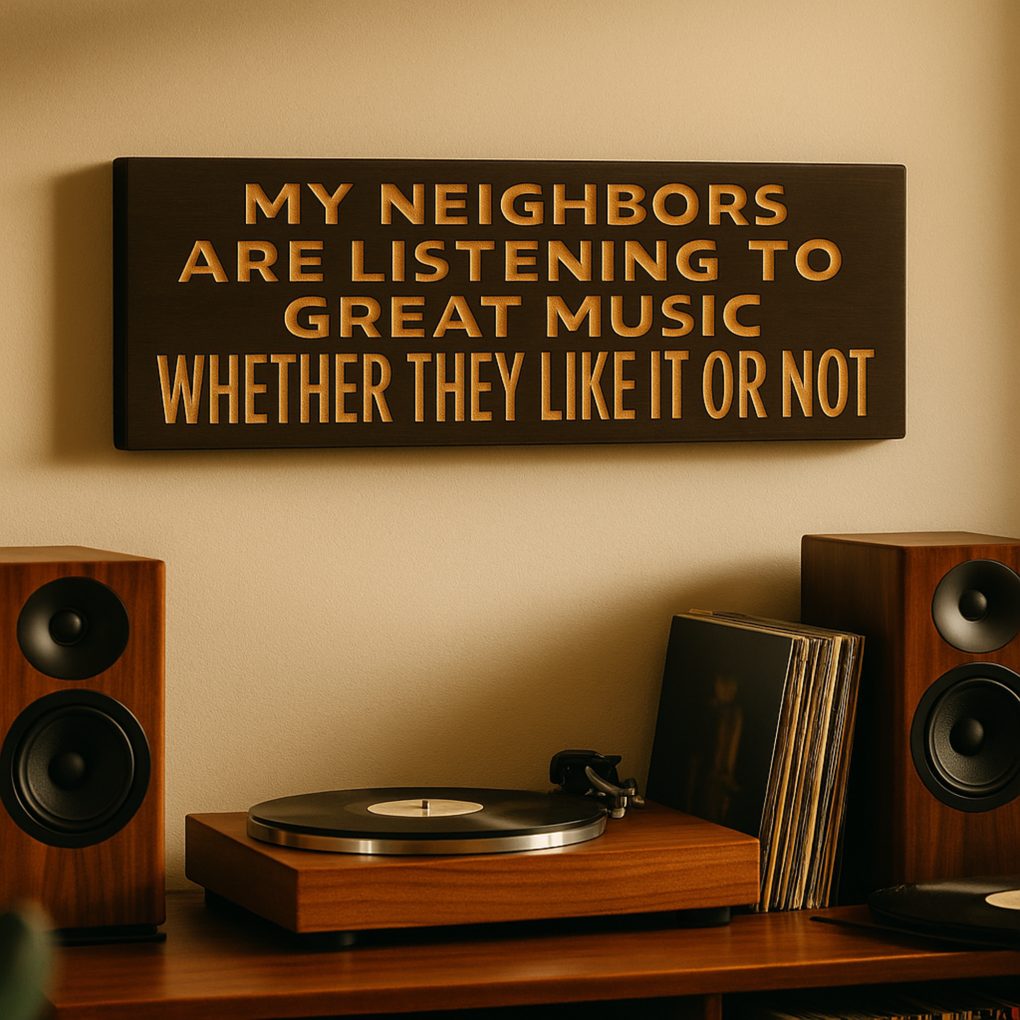 Funny music wall sign “My Neighbors Are Listening to Great Music” hanging above a record player and speakers in a music room.