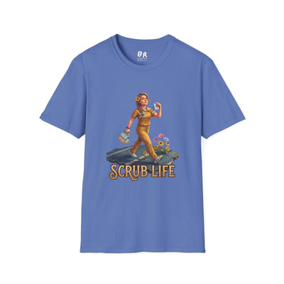 A blue Nurse Shirt - Scrub Life is laid flat, featuring the "Scrub Life" graphic of a nurse walking