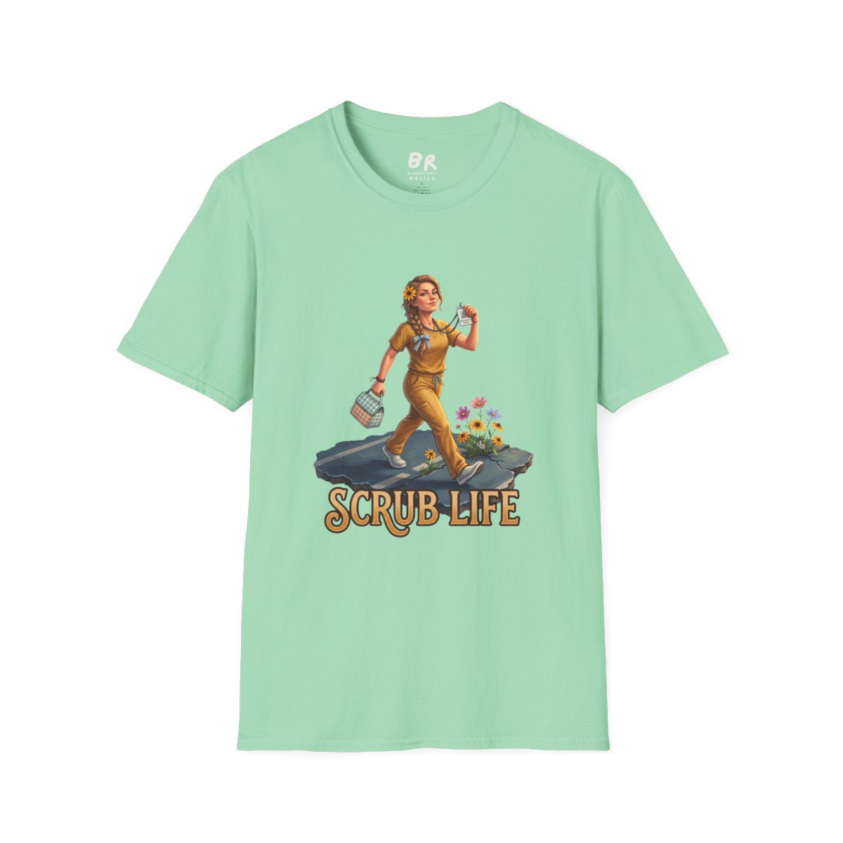 A full front view of the light mint green "Nurse Shirt - Scrub Life" tee, neatly laid flat to display the graphic design clearly