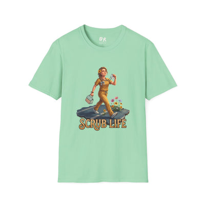 A full front view of the light mint green "Nurse Shirt - Scrub Life" tee, neatly laid flat to display the graphic design clearly