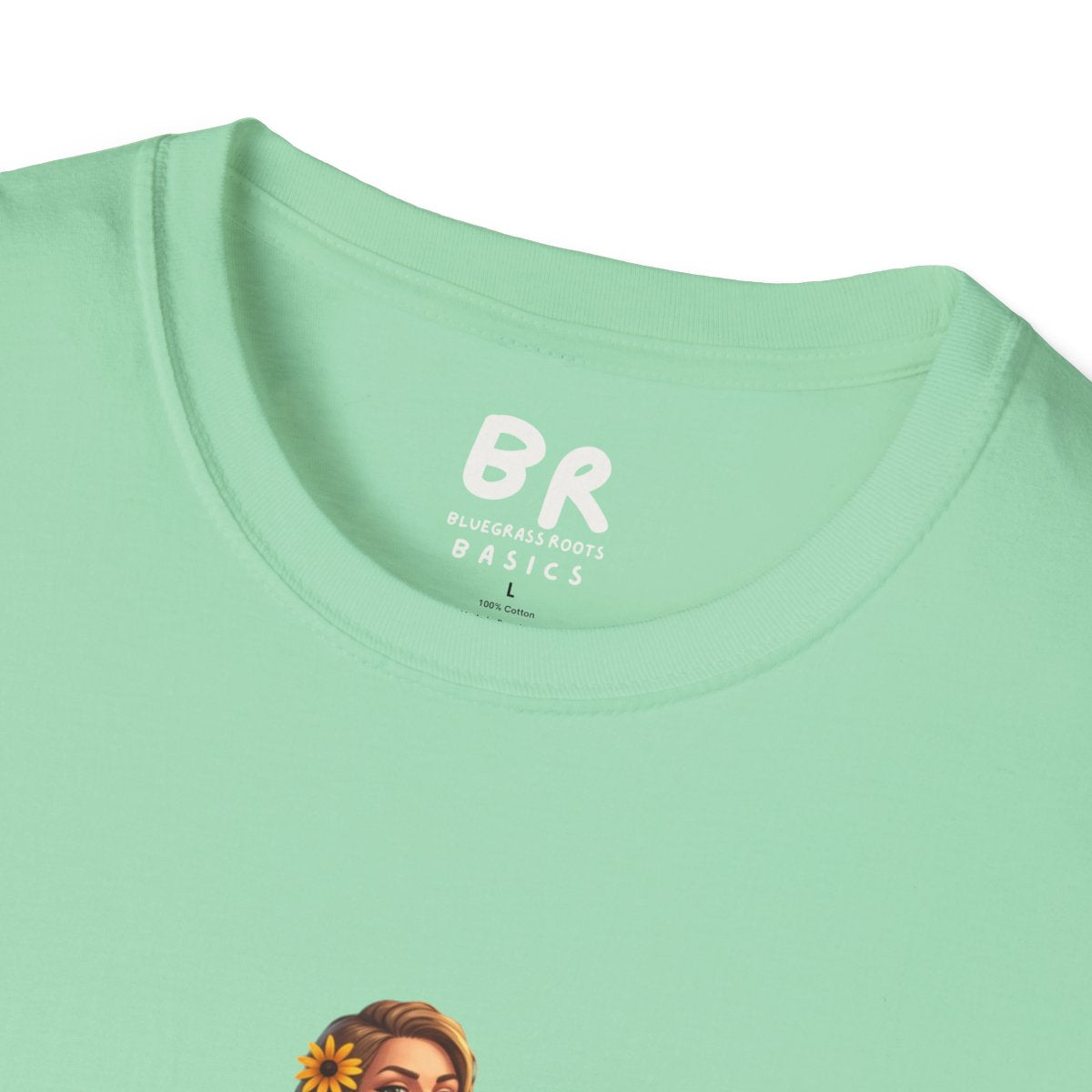A close-up of the neck label of the light mint green "Nurse Shirt - Scrub Life" tee, showing the BR Bluegrass Roots logo