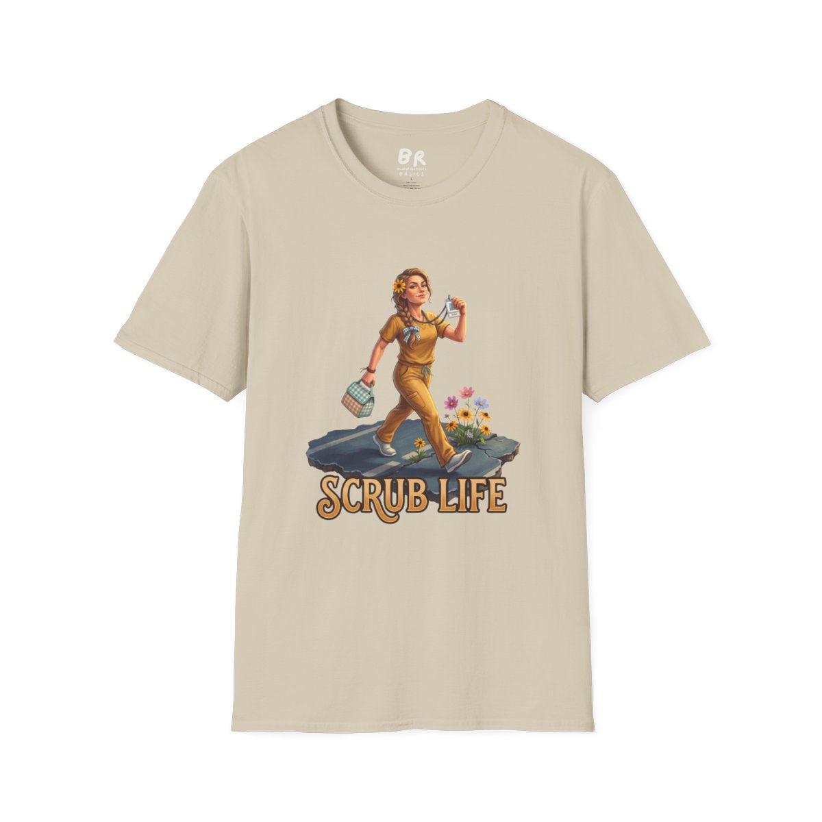 Front view of a beige "Nurse Shirt - Scrub Life" tee laid flat against a white background, showing the graphic
