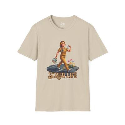 Front view of a beige "Nurse Shirt - Scrub Life" tee laid flat against a white background, showing the graphic