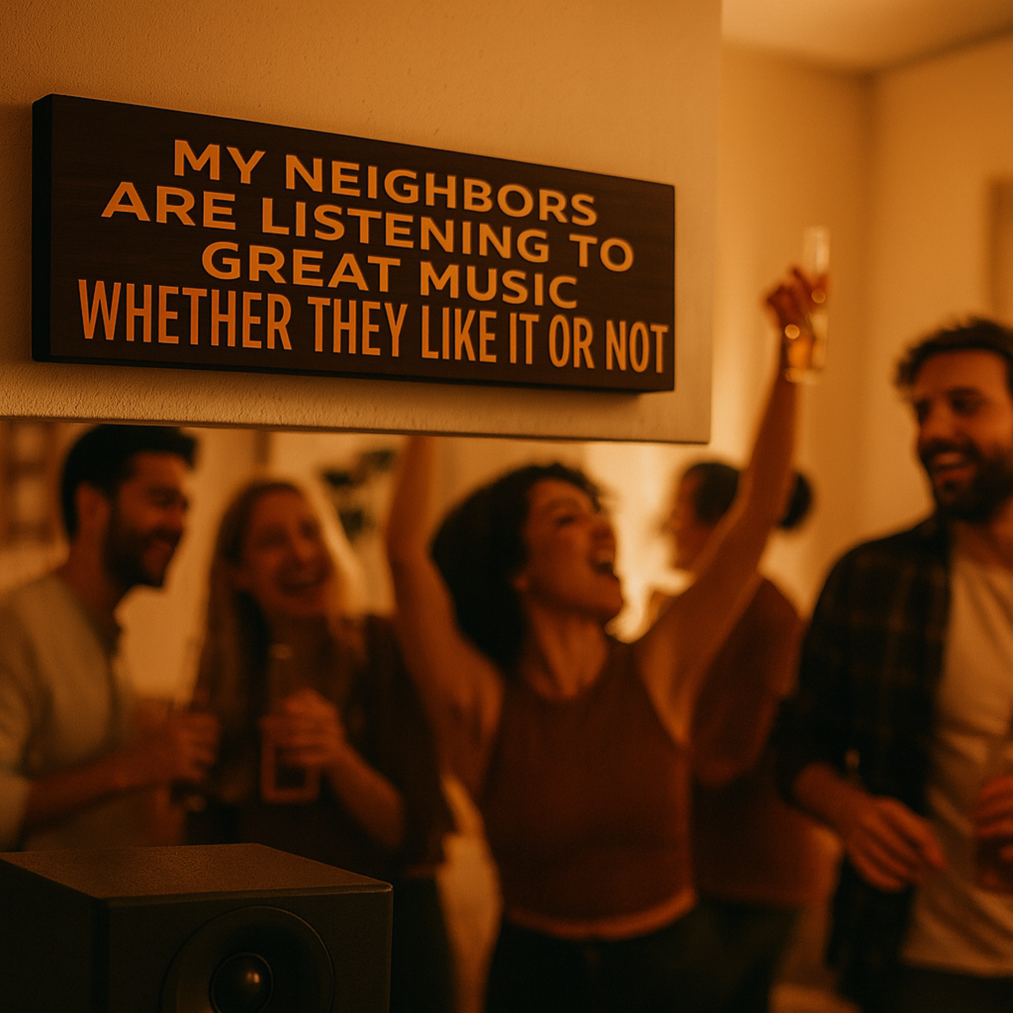 Funny wooden music wall sign displayed at a lively party with people laughing and raising drinks.