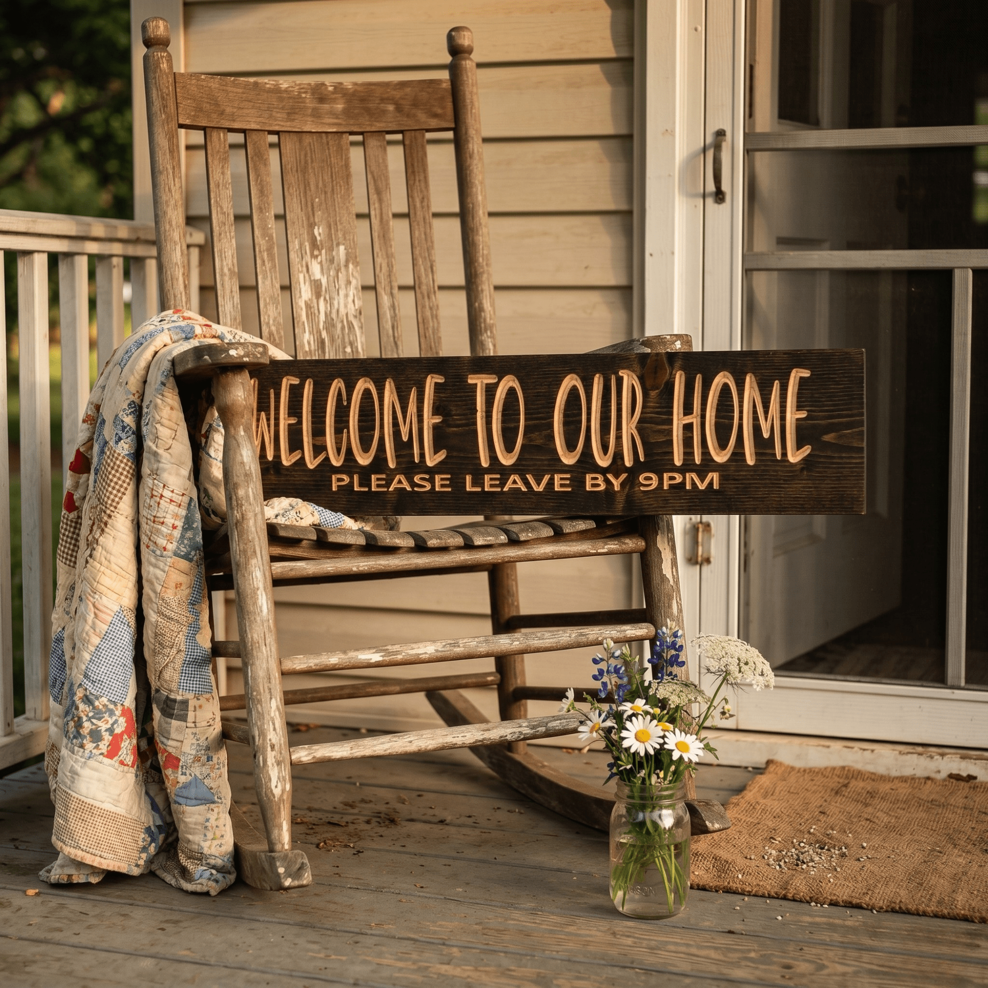 Welcome to Our Home Please Leave by 9PM CNC-carved wood sign displayed on weathered rocking chair with vintage quilt and wildflowers