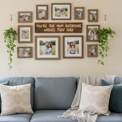 Living room gallery wall idea featuring the wooden mom sign as a centerpiece surrounded by family photos.
