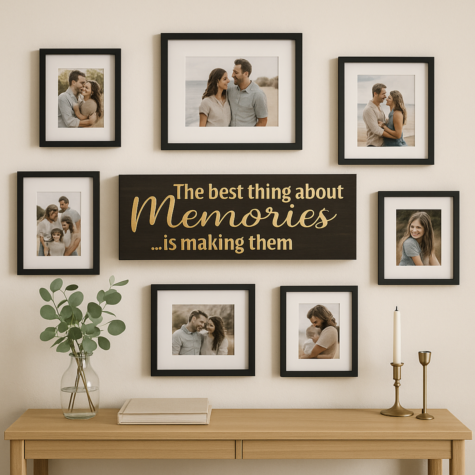 Memory quote wood sign centered among framed family photos above a console table.