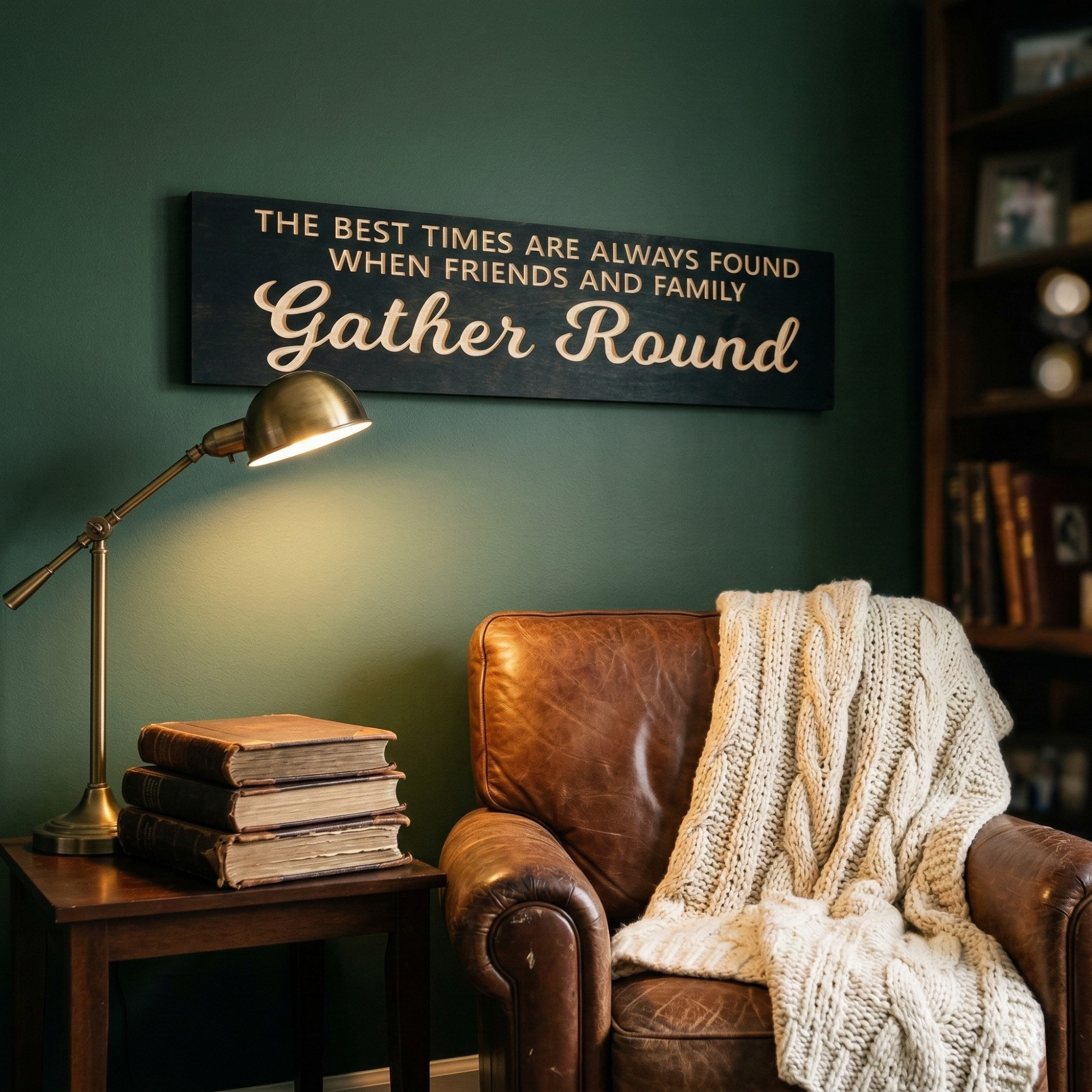 "The Best Times Are Always Found When Friends and Family Gather Round" sign hanging in a cozy living room nook above a leather chair.