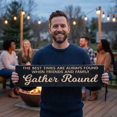 A smiling man holding the "Gather Round" family sign on a cozy outdoor patio with friends gathered around a fire pit.