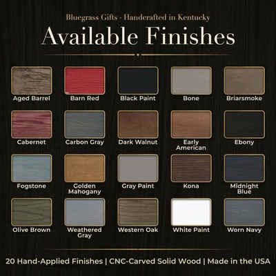 Full color swatch chart showing all 20 available hand-applied finish options for the "Get Naked funny bathroom wood sign including Ebony, Barn Red, Dark Walnut, Weathered Gray, and more – Bluegrass Gifts