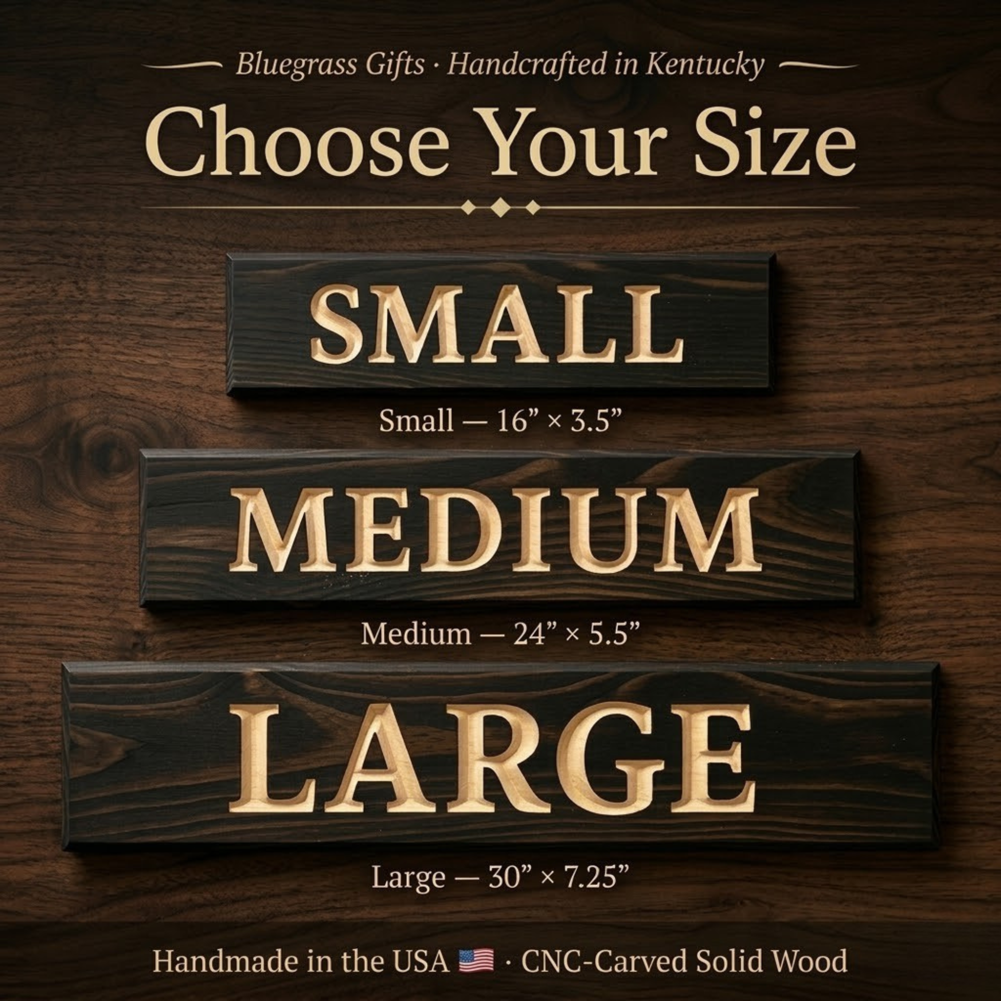 Size comparison chart for the "Get Naked Unless You're Just Visiting" funny bathroom wood sign showing small, medium, and large options – CNC-carved solid wood signs by Bluegrass Gifts