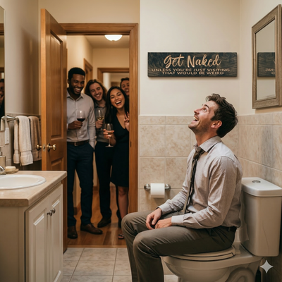 "Get Naked Unless You're Just Visiting" funny wooden bathroom sign displayed on bathroom wall with guests laughing in the doorway – humorous bathroom wall decor by Bluegrass Gifts
