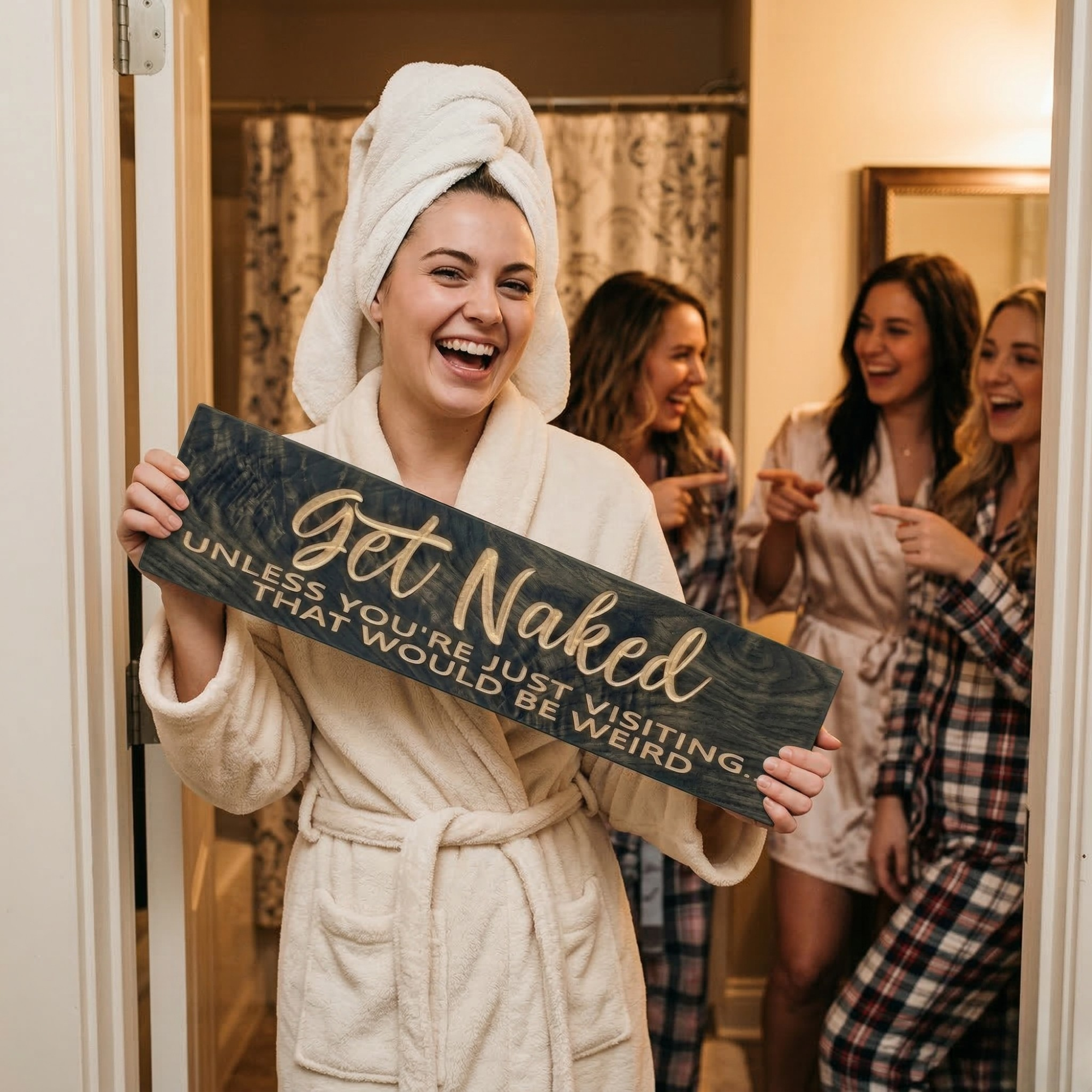 Woman in bathrobe laughing while holding the "Get Naked Unless You're Just Visiting" funny wooden bathroom sign – a hilarious housewarming or white elephant gift idea from Bluegrass Gifts