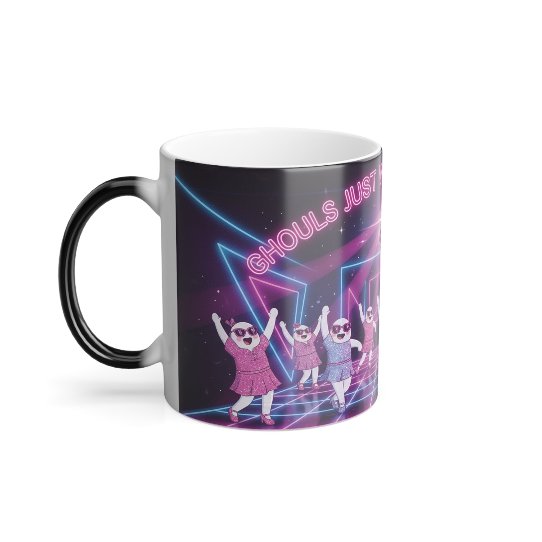Ghouls Just Wanna Have Fun Magic Mug - color changing coffee mug side angle with handle by Bluegrass Gifts