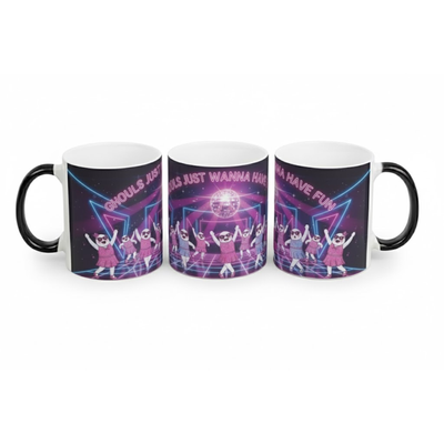 Product mockup of a black and white coffee mug with neon cat graphic and 'Ghouls Just Wanna Have Fun' text, displayed on a solid white background with realistic shadows.