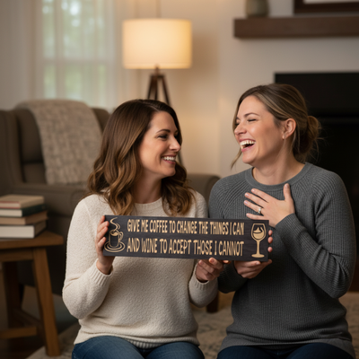 A woman joyfully receives a carved wood "Give Me Coffee and Wine" sign, an ideal handmade gift for a coffee or wine lover.