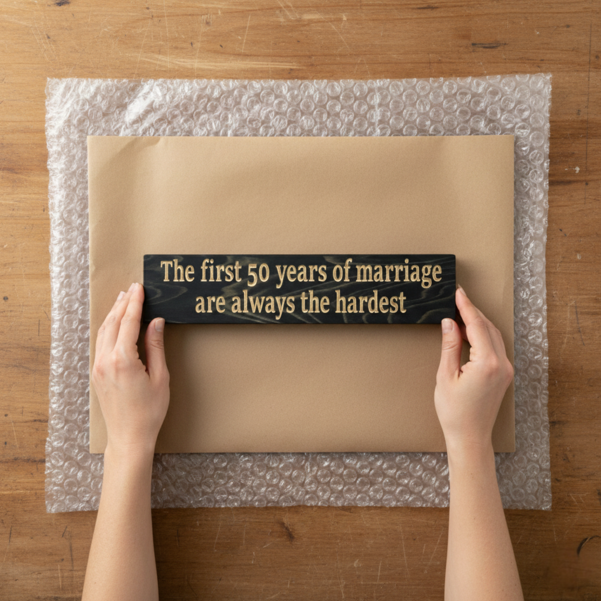 "A person holding a premium carved wood sign over gift-ready packaging, demonstrating the substantial size and quality feel."