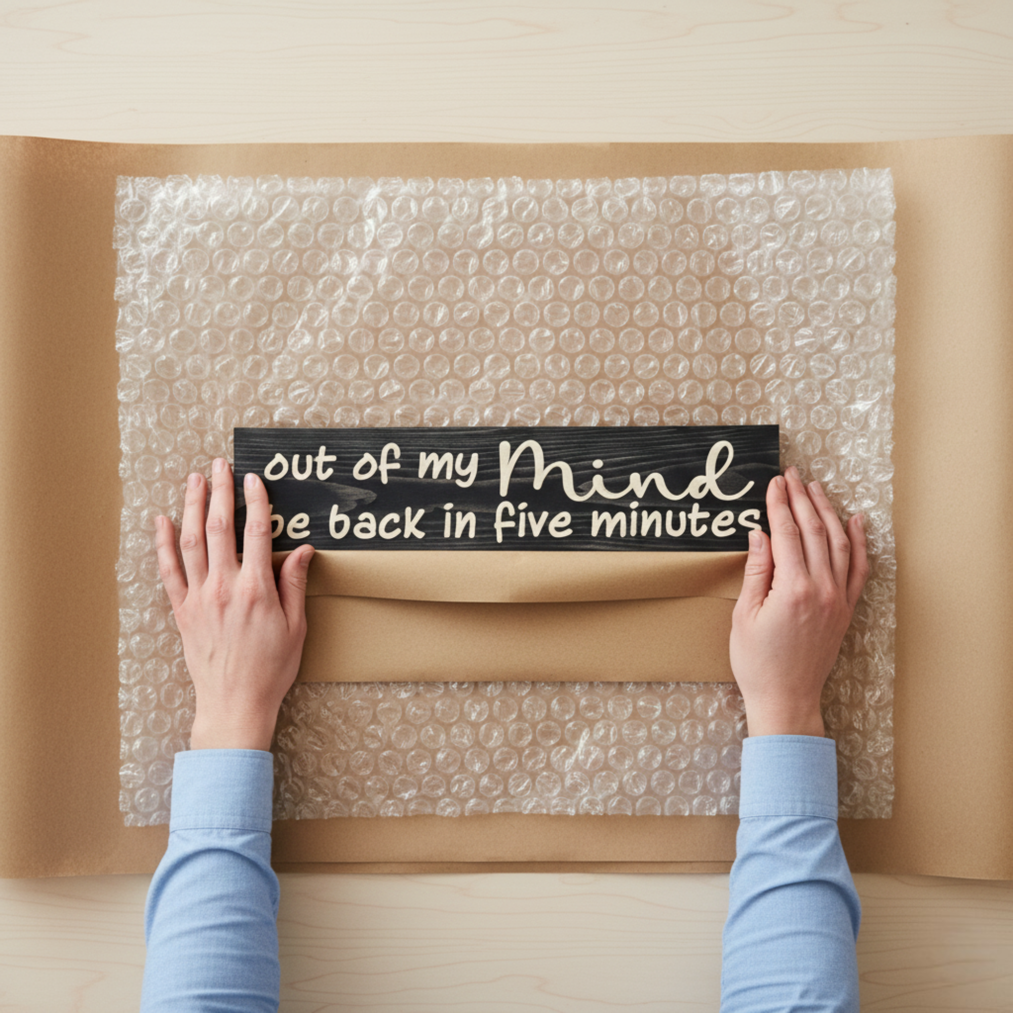 Overhead view of a Bluegrass Gifts sign being carefully hand-wrapped in kraft paper and bubble wrap for shipping.
