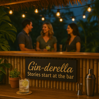 Gin-derella wooden sign displayed at a backyard tiki bar during evening cocktails.