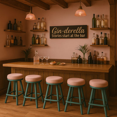 Gin-derella gin wall sign hanging above a cozy home bar with bottles and glassware.
