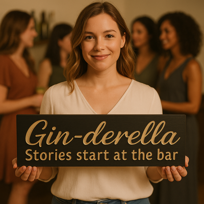 Person holding the Gin-derella bar sign with friends chatting softly blurred behind.