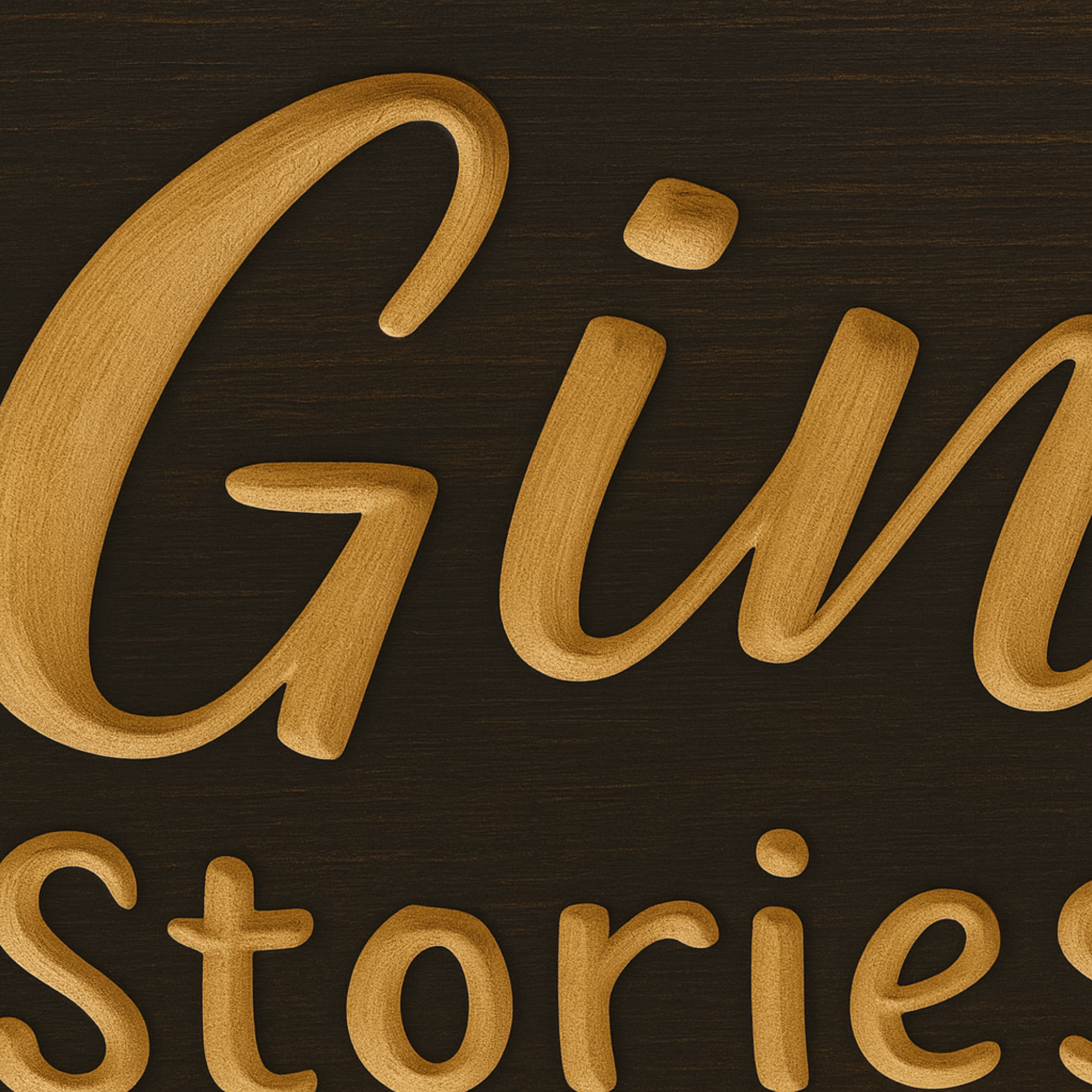 Close-up of V-carved lettering and warm wood grain on the Gin-derella sign.