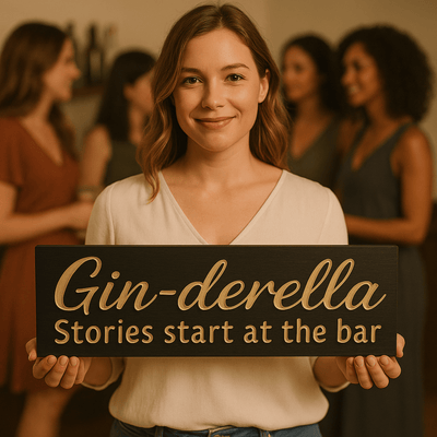 gin-derella-sign-angled-three-quarter - ginderella bar sign stories start wood sign by Bluegrass Gifts, handmade in Kentucky