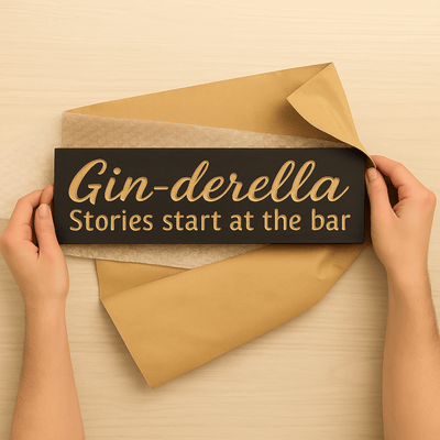 gin-derella-sign-backyard-tiki-bar - ginderella bar sign stories start wood sign by Bluegrass Gifts, handmade in Kentucky