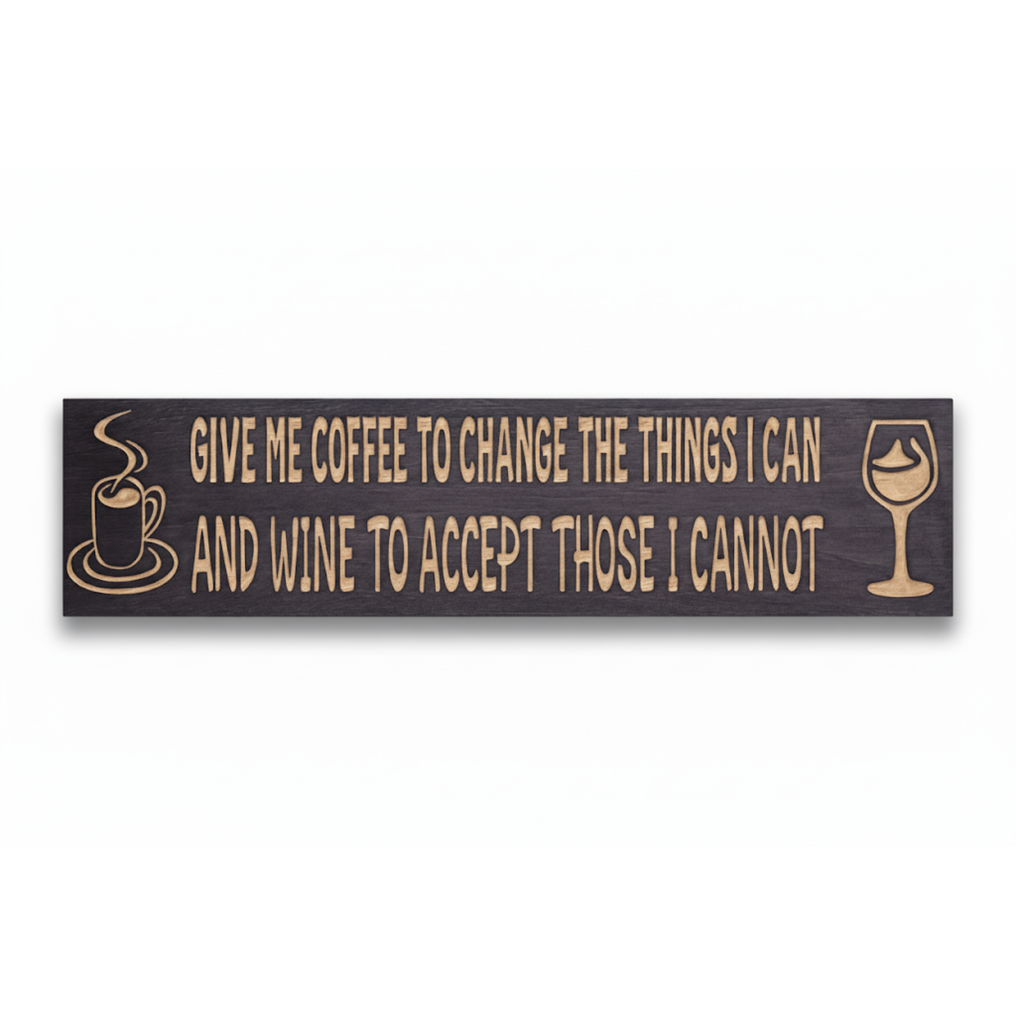 A rustic "Give Me Coffee and Wine" sign, V-carved from solid dark wood, shown on a clean white background.