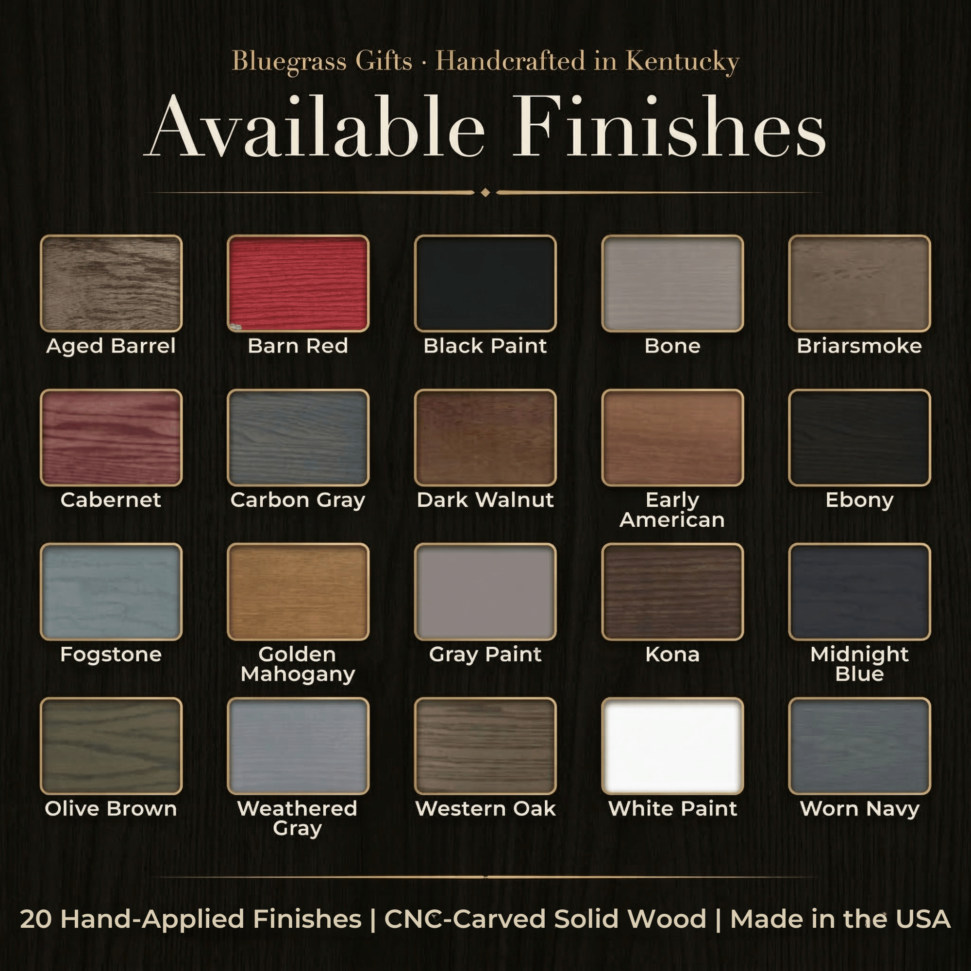 Bluegrass Gifts finish chart displaying 20 hand-applied stain and paint options for the Godfidence wooden faith sign including Carbon Gray, Dark Walnut, Ebony, and Barn Red