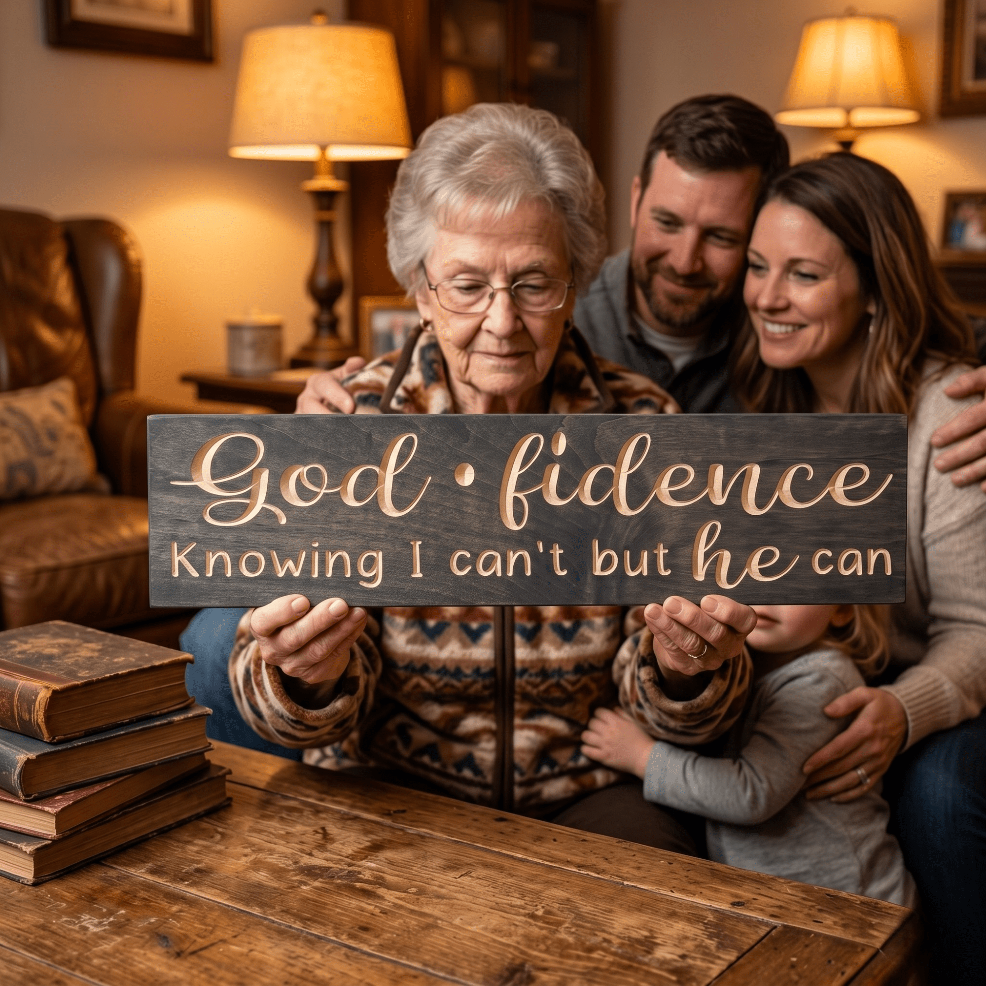 Grandmother holding the Godfidence inspirational faith sign surrounded by her son, daughter-in-law, and grandchild in a warmly lit living room