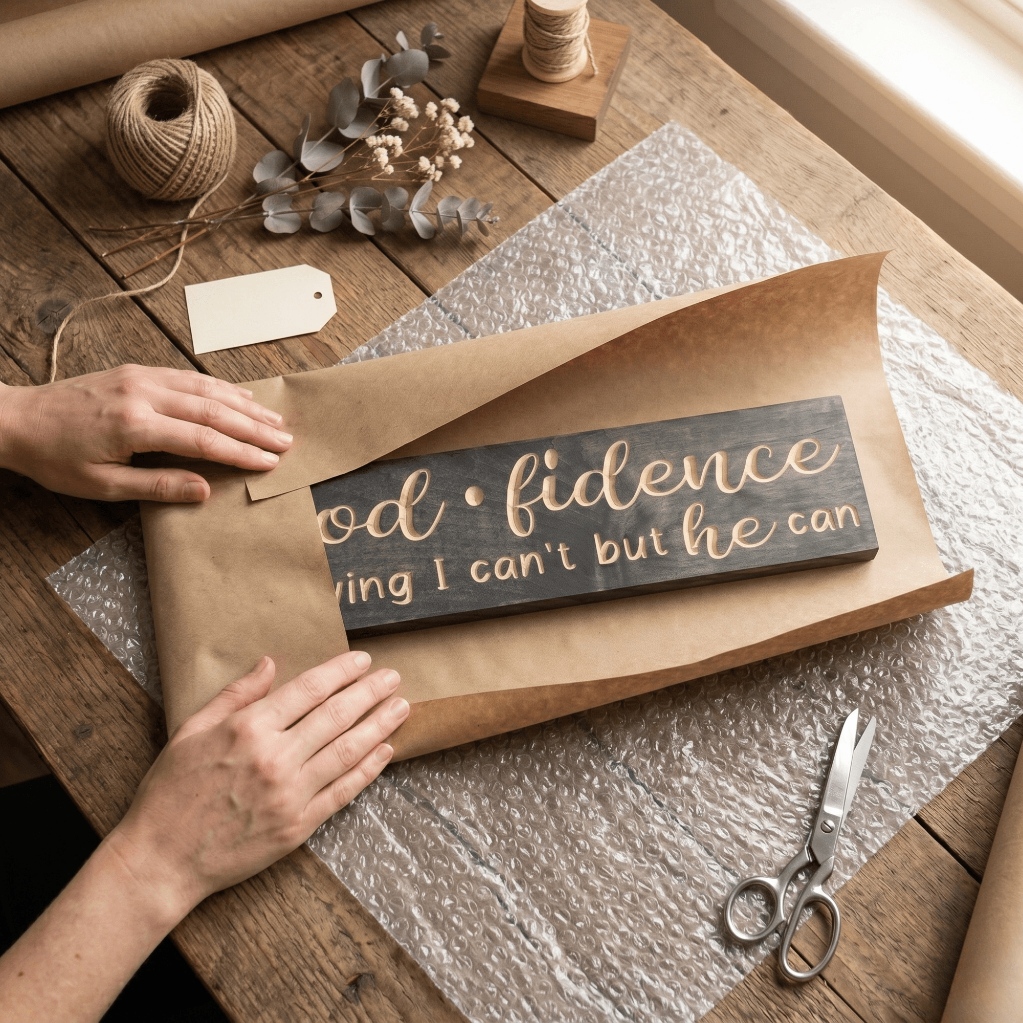 Godfidence wooden faith sign being hand-wrapped in kraft paper and bubble wrap with twine and blank gift tag on a rustic workshop table
