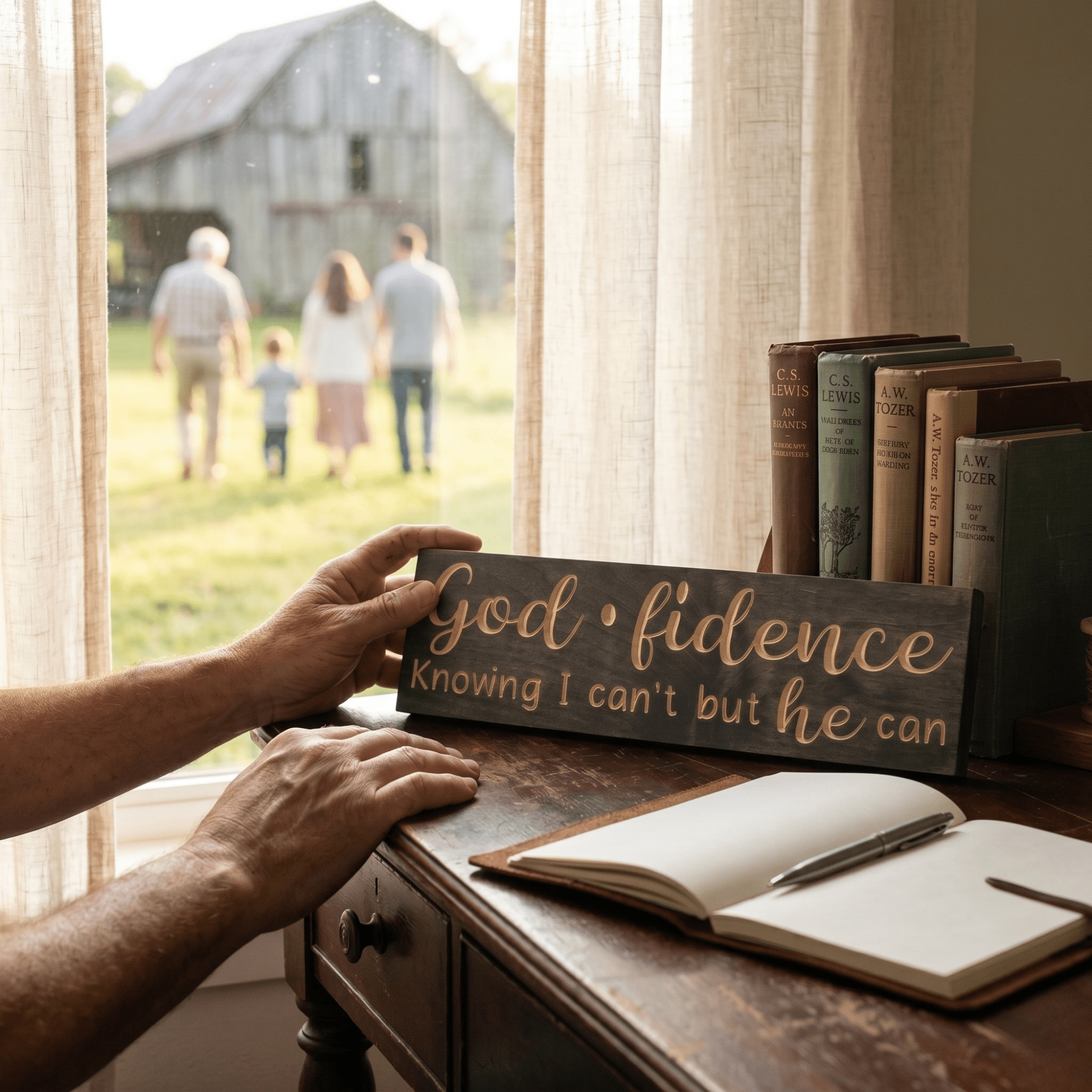 Godfidence inspirational faith sign placed on a wooden desk next to C.S. Lewis and A.W. Tozer books, overlooking a Kentucky farmhouse barn and family walking outside

